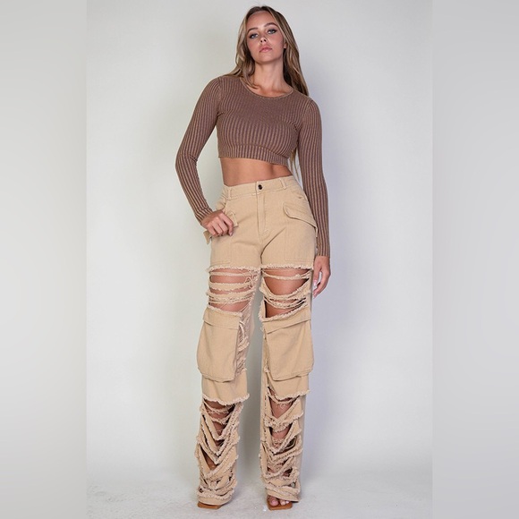 Khaki Distressed Frayed Twill Cargo Pants - Picture 1 of 5